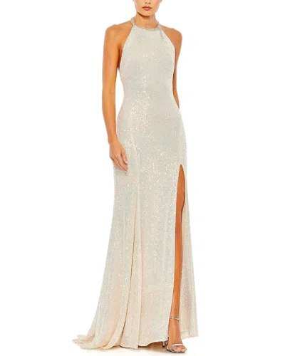 Mac Duggal Sequined High-neck Rhinestone Trim Column Gown In White