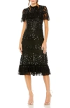 Mac Duggal Sequined High Neck Ruffled Flutter Sleeve Midi Dress In Black