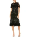 MAC DUGGAL SEQUINED HIGH NECK RUFFLED FLUTTER SLEEVE MIDI DRESS