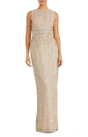 Mac Duggal Sequined High Neck Sleeveless Column Gown In Nude