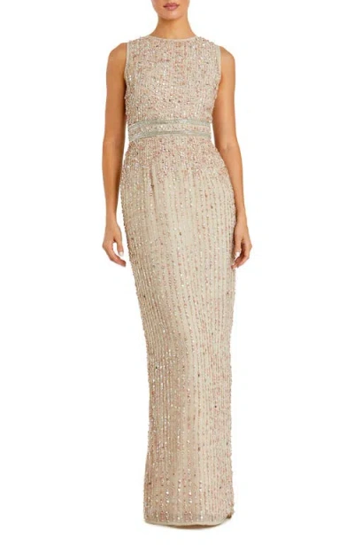 Mac Duggal Sequined High Neck Sleeveless Column Gown In Nude