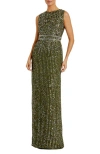 Mac Duggal Sequined High Neck Sleeveless Column Gown In Olive