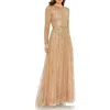 Mac Duggal Sequined Illusion High Neck Long Sleeve Gown In Brown