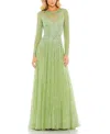 Mac Duggal Sequined Illusion High Neck Long Sleeve Gown In Sage
