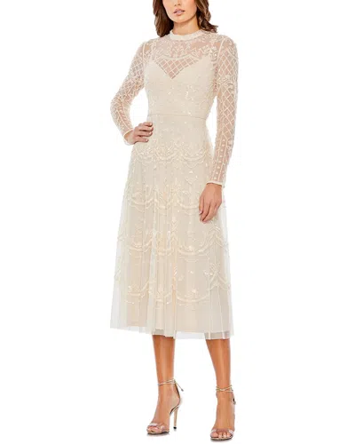 Mac Duggal Sequined Illusion High Neck Long Sleeve Midi Dress In Neutral