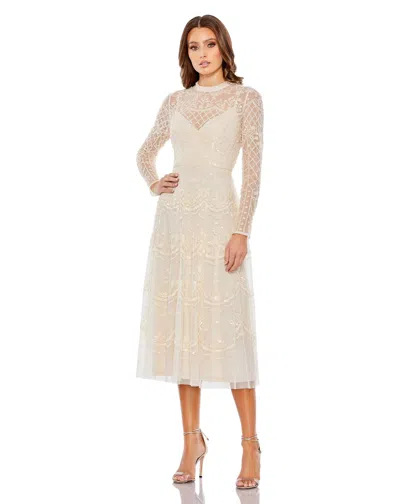 Mac Duggal Sequin Long Sleeve Mesh Cocktail Dress In Nude