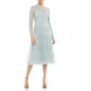 Mac Duggal Sequined Illusion High Neck Long Sleeve Midi Dress In Seafoam