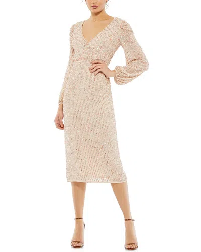 Mac Duggal Sequined Illusion Puff Sleeve V-neck Midi Dress In Neutral