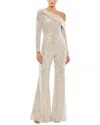 Mac Duggal Sequin One-shoulder Long Sleeve Flare Jumpsuit In White