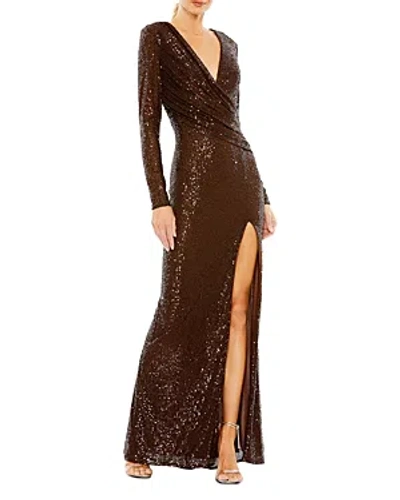Mac Duggal Sequin Surplice Neck Gown In Chocolate