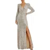 Mac Duggal Sequined Long Sleeve Faux Wrap Ruched Gown In Gray
