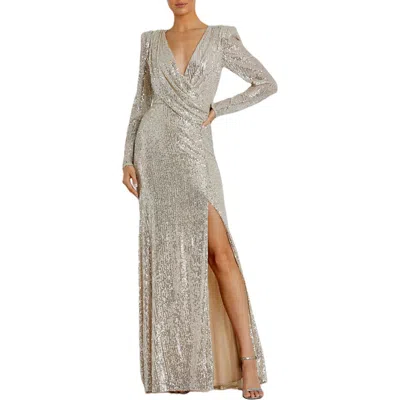 Mac Duggal Sequined Long Sleeve Faux Wrap Ruched Gown In Gray