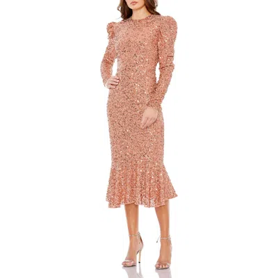 Mac Duggal Sequined Long Sleeve High Neck Trumpet Dress In Brown