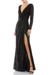 Mac Duggal Long Sleeve Sequin Faux Wrap Gown In Black