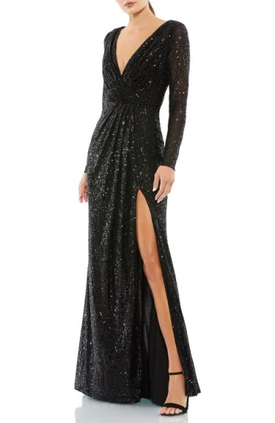 MAC DUGGAL MAC DUGGAL SEQUINED LONG SLEEVE HIGH SLIT  GOWN