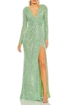 Mac Duggal Sequin Long Sleeve Faux Wrap Gown In Green