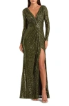 Mac Duggal Sequined Long Sleeve High Slit  Gown In Green
