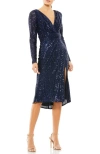 Mac Duggal Sequined Long Sleeve Midi Dress In Blue