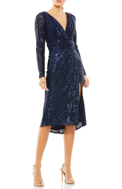 Mac Duggal Sequined Long Sleeve Midi Dress In Blue
