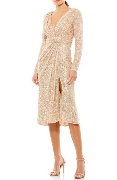 Mac Duggal Sequined Long Sleeve Midi Dress In Rose Gold