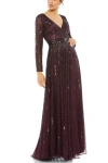Mac Duggal Sequined Long Sleeve Plunging V-neck Gown In Mulberry