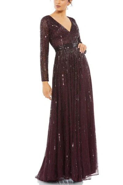 MAC DUGGAL MAC DUGGAL SEQUINED LONG SLEEVE PLUNGING V-NECK GOWN