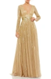 Mac Duggal Sequined Long Sleeve Plunging V-neck Gown In Taupe