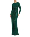 Mac Duggal Sequined Long Sleeve Side Knot Gown In Green