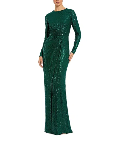 Mac Duggal Sequined Long Sleeve Side Knot Gown In Green