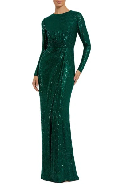 Mac Duggal Sequin Long Sleeve High Neck Column Gown In Green