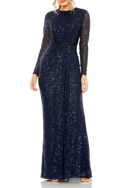 Mac Duggal Sequined Long Sleeve Side Knot Gown In Midnight