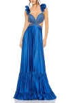 Mac Duggal Sequined Mesh Overlay Satin Dress With Ruffled Cap Sleeves And Beaded Bodice In Blue