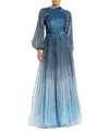 Mac Duggal Sequined Ombre Bishop Sleeve A-line Gown In Blue