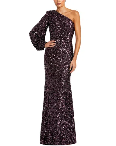 Mac Duggal Sequined One Shoulder Bishop Sleeve Trumpet Gown In Purple