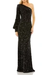 Mac Duggal Sequined One Shoulder Bishop Sleeve Trumpet Gown In Black