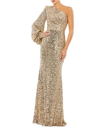 MAC DUGGAL SEQUINED ONE SHOULDER BISHOP SLEEVE TRUMPET GOWN