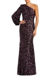 Mac Duggal Sequined One Shoulder Bishop Sleeve Trumpet Gown In Purple