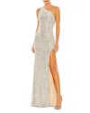 Mac Duggal Sequined One Shoulder Column Gown In Silver