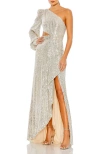 Mac Duggal Sequined One Shoulder Cut Out Gown In Silver