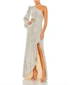 Mac Duggal Sequined One Shoulder Cut Out Gown In Metallic