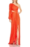 Mac Duggal Sequined One Shoulder Cut Out Gown In Tangerine