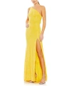 Mac Duggal Sequined One Shoulder Draped Back Gown In Lemon