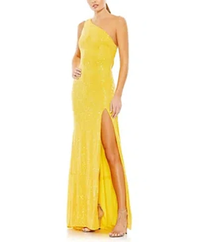 Mac Duggal Sequined One Shoulder Draped Back Gown In Lemon