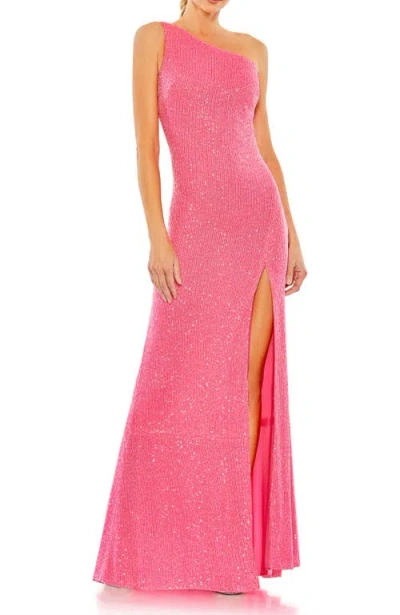 Mac Duggal Sequined One Shoulder Draped Back Gown In Pink