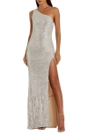 Mac Duggal Sequined One Shoulder Draped Back Gown In Silver