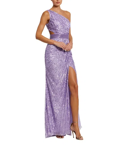 Mac Duggal Sequined One Shoulder Draped Lace Up Gown In Lilac