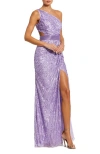 Mac Duggal Sequined One Shoulder Draped Lace Up Gown In Lilac
