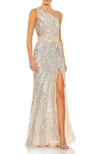 Mac Duggal Sequined One Shoulder Draped Lace Up Gown In Nude Silver
