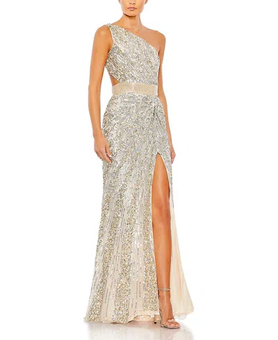 MAC DUGGAL SEQUINED ONE SHOULDER DRAPED LACE UP GOWN