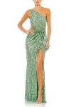 Mac Duggal Sequined One Shoulder Draped Lace Up Gown In Sage